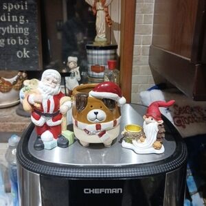 Miscellaneous 3pc. Christmas Figurine/Planter/Candle Holder Lot.